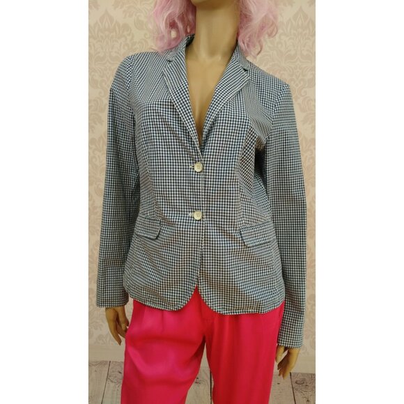 Vintage 90s Y2K Esprit Gingham Check Cotton Blazer Size M Blue White Jacket - Picture 11 of 12
